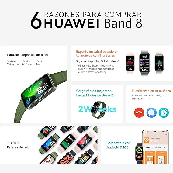 HUAWEI Band 8 (Garantía en México), Smartwatch Larga Duración de 2 semanas, SMSWhatsapp de Respuesta rápida, Banda Inteligente, Compatible con Android & iOS, Rosa.
