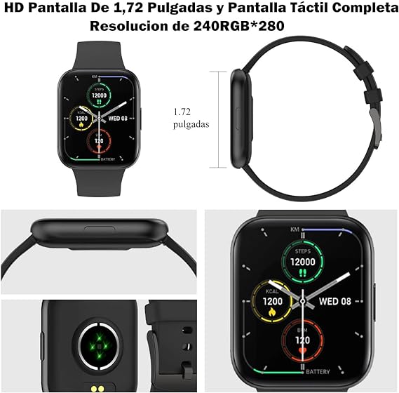Smartwatch Reloj Inteligente,Salandens 1.72" Hombre Mujer Pulsera Inteligente, Pantalla Táctil Completa Impermeable IP68, Con Pulsómetro y Presión Arterial, Monitor de Calorías,Sueño,Podómetro,Relojes Deportes GPS Monitor de Pasos,Notificaciones Inteligentes, Banda Inteligente para Hombres, Mujeres Compatible con IOS, Android. (Negro).