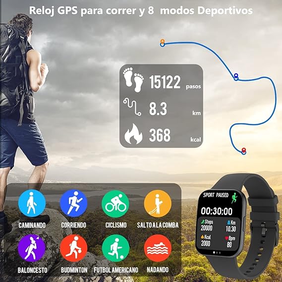 Smartwatch Reloj Inteligente,Salandens 1.72" Hombre Mujer Pulsera Inteligente, Pantalla Táctil Completa Impermeable IP68, Con Pulsómetro y Presión Arterial, Monitor de Calorías,Sueño,Podómetro,Relojes Deportes GPS Monitor de Pasos,Notificaciones Inteligentes, Banda Inteligente para Hombres, Mujeres Compatible con IOS, Android. (Negro).