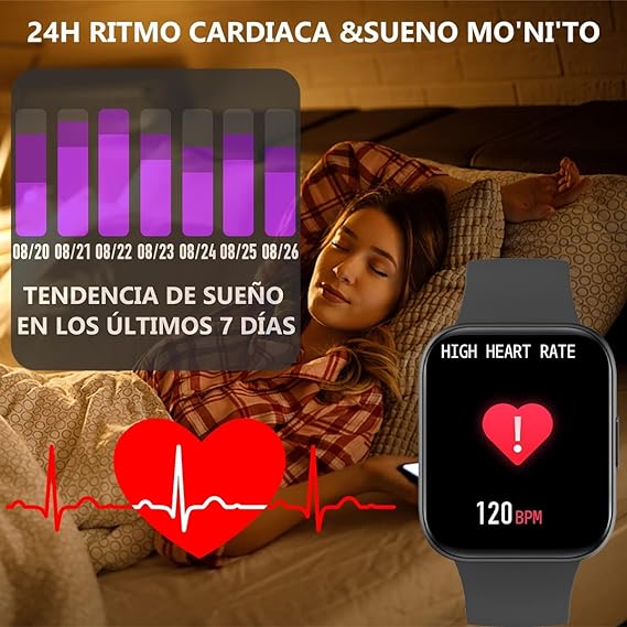 Smartwatch Reloj Inteligente,Salandens 1.72" Hombre Mujer Pulsera Inteligente, Pantalla Táctil Completa Impermeable IP68, Con Pulsómetro y Presión Arterial, Monitor de Calorías,Sueño,Podómetro,Relojes Deportes GPS Monitor de Pasos,Notificaciones Inteligentes, Banda Inteligente para Hombres, Mujeres Compatible con IOS, Android. (Negro).