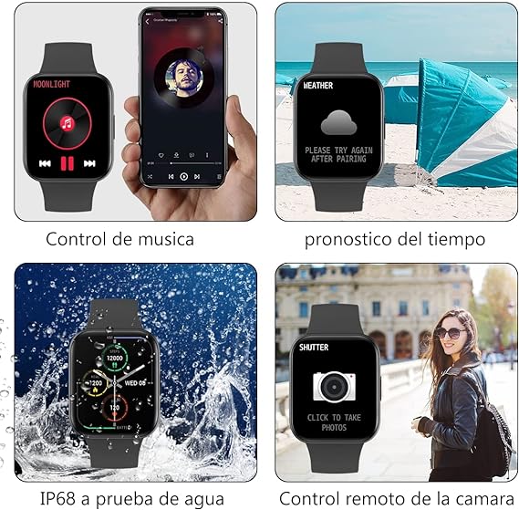 Smartwatch Reloj Inteligente,Salandens 1.72" Hombre Mujer Pulsera Inteligente, Pantalla Táctil Completa Impermeable IP68, Con Pulsómetro y Presión Arterial, Monitor de Calorías,Sueño,Podómetro,Relojes Deportes GPS Monitor de Pasos,Notificaciones Inteligentes, Banda Inteligente para Hombres, Mujeres Compatible con IOS, Android. (Negro).