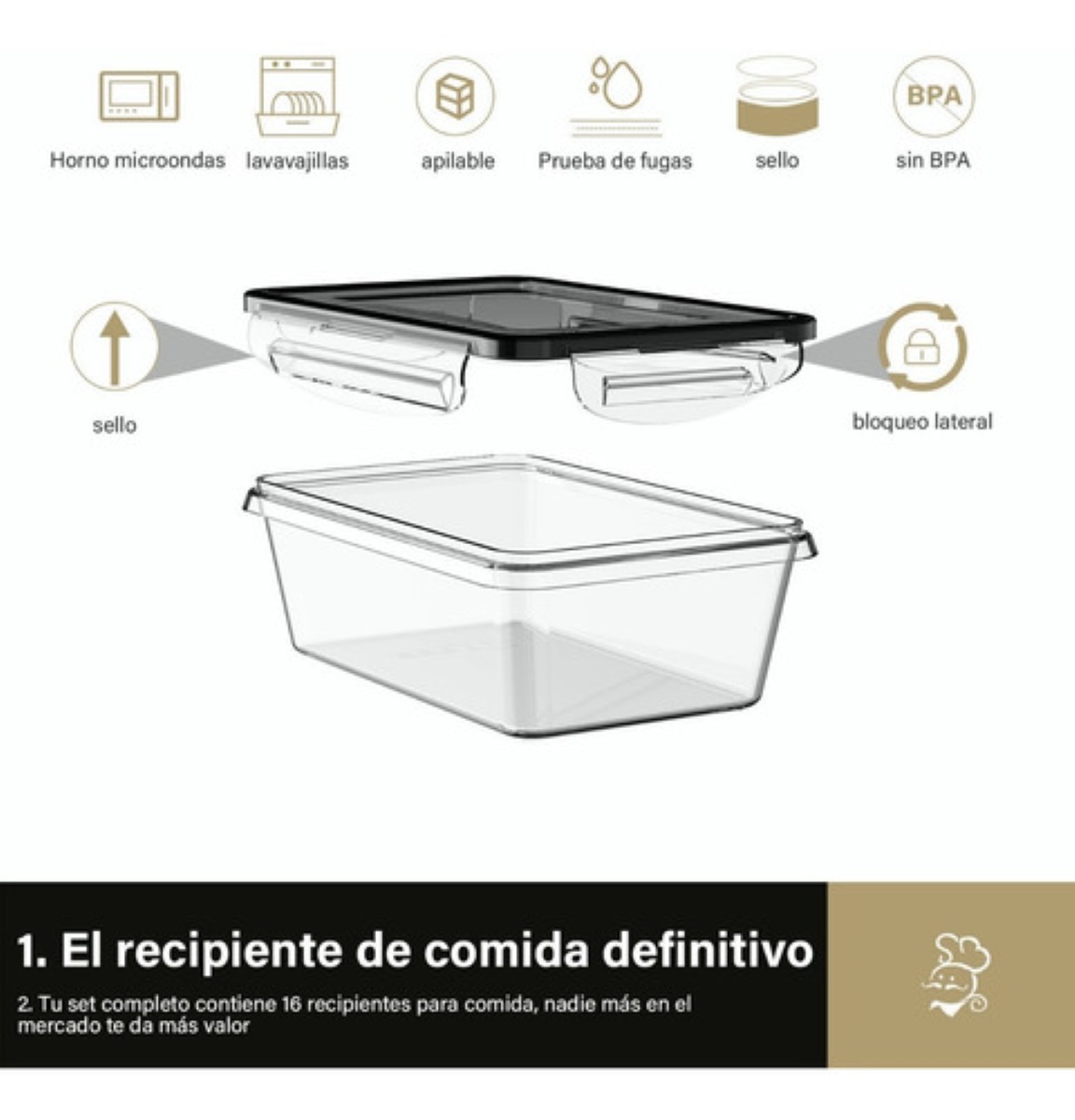 Contenedores Plásticos Herméticos Para Almacenar 16 Piezas con Tapa, Transparente