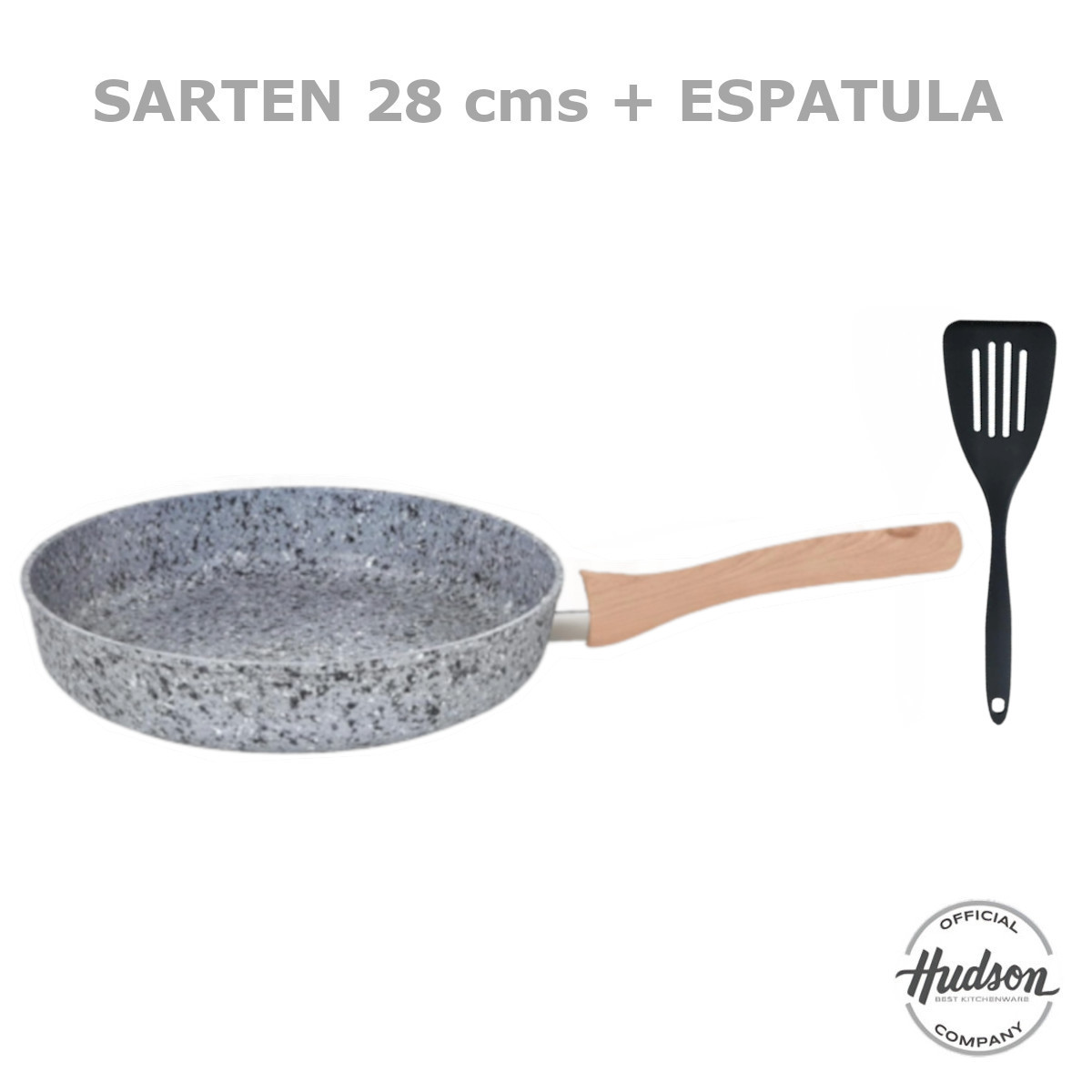Sarten HUDSON 28cm Aluminio Forjado 4mm Antiadherente con tapa cristal y espatula nylon.