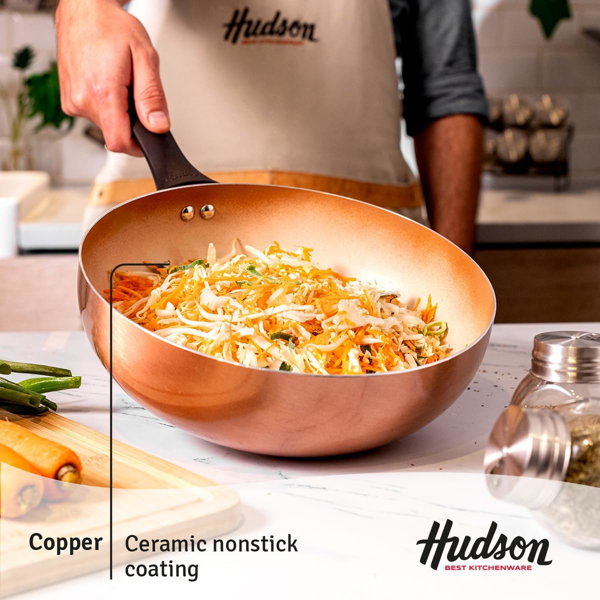 Wok HUDSON 28cm Aluminio espesor 2mm 3 capas Antiadherente cerámico Color Cobre.