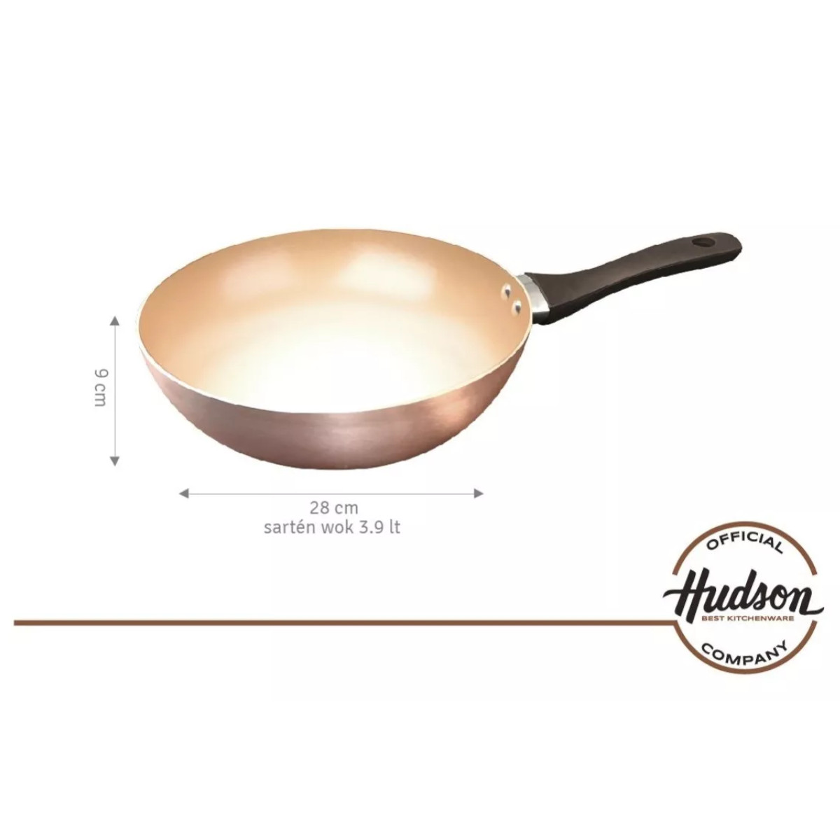 Wok HUDSON 28cm Aluminio espesor 2mm 3 capas Antiadherente cerámico Color Cobre.