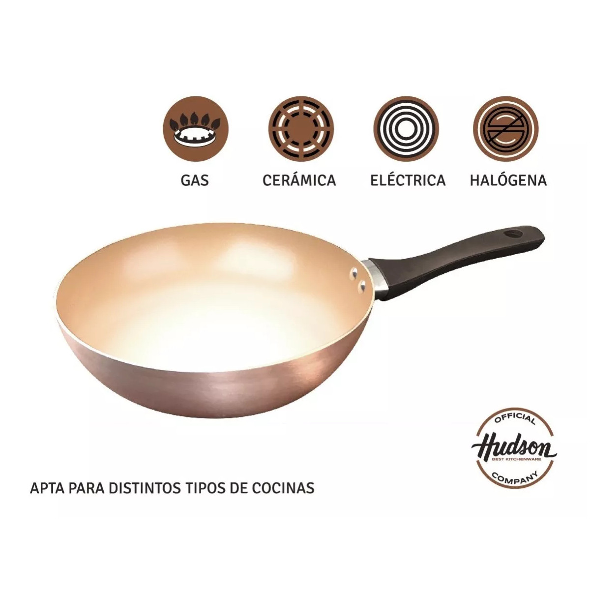 Wok HUDSON 28cm Aluminio espesor 2mm 3 capas Antiadherente cerámico Color Cobre.