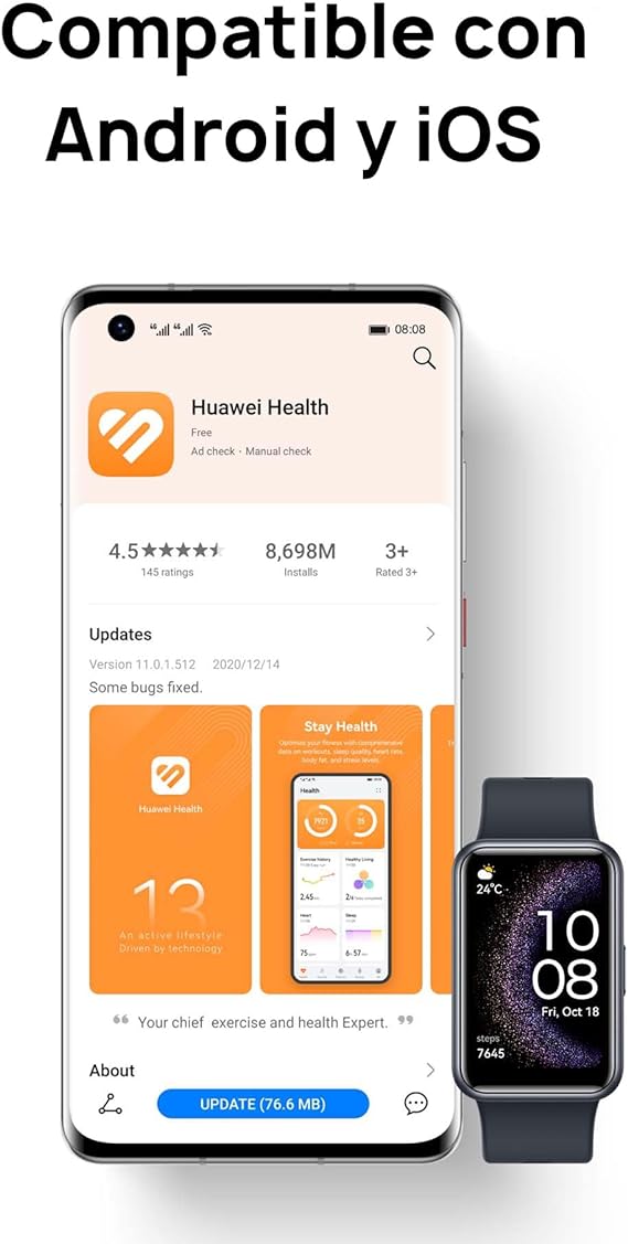  HUAWEI Watch Fit Special Edition (GPS) (Garantía en México), Pantalla AMOLED 1.64，Larga Duración de 9 dias, SMS/Whatsapp de Respuesta rápida, Banda Inteligente, Compatible con Android & iOS, Rosa.