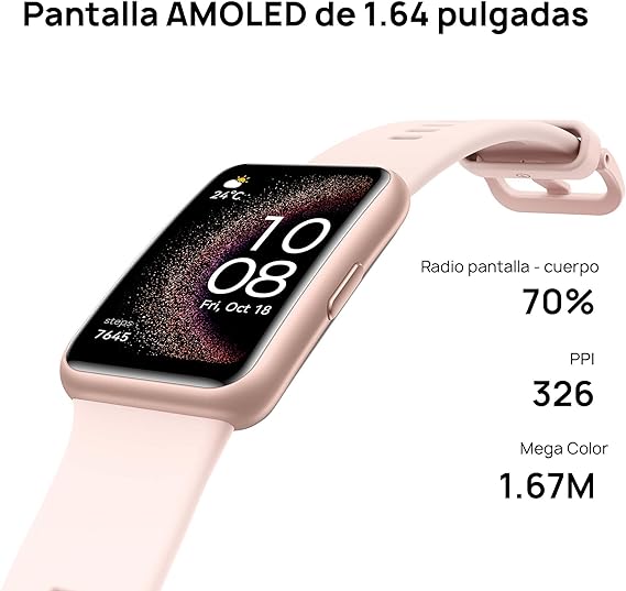  HUAWEI Watch Fit Special Edition (GPS) (Garantía en México), Pantalla AMOLED 1.64，Larga Duración de 9 dias, SMS/Whatsapp de Respuesta rápida, Banda Inteligente, Compatible con Android & iOS, Rosa.