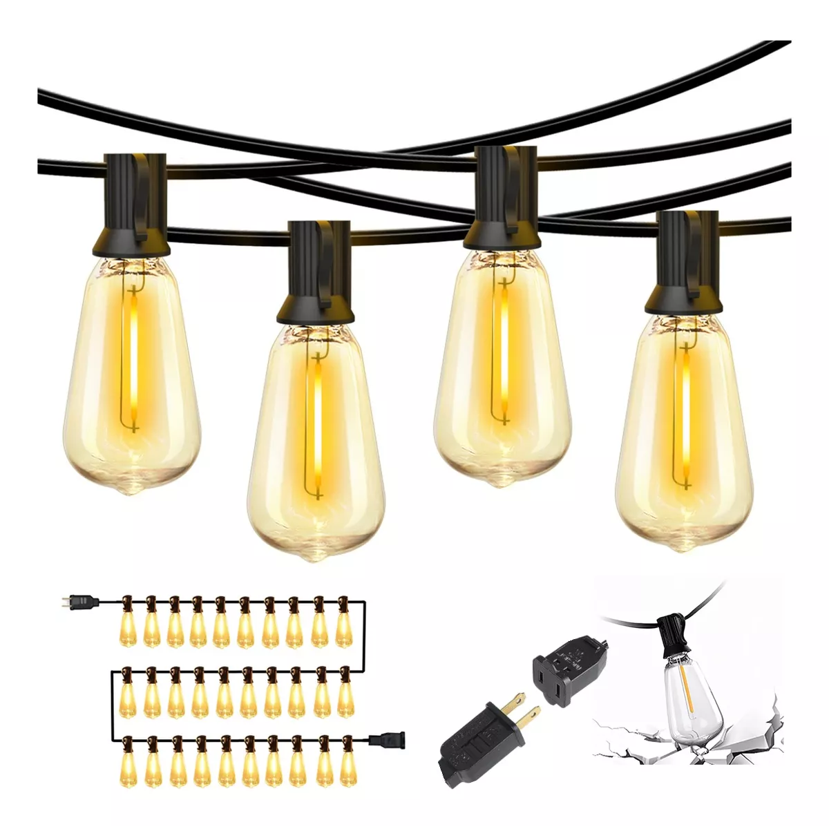 Guirnalda De Luces 30+2 Led Focos De Exterior Vintage 20m.