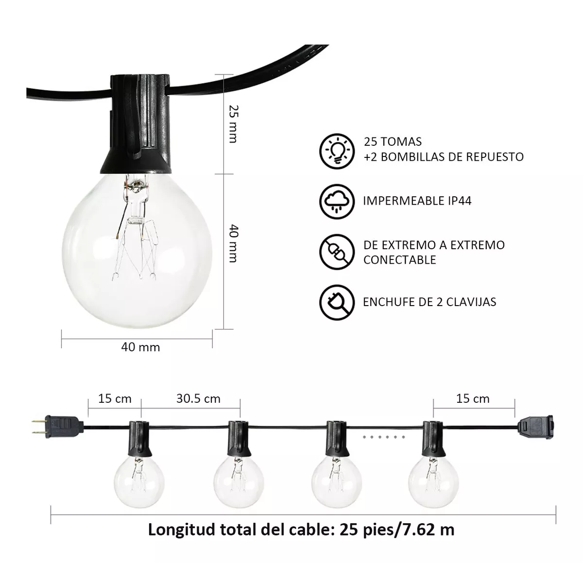 Guirnalda De Luces 25 Focos De Exterior Vintage Impermeable.