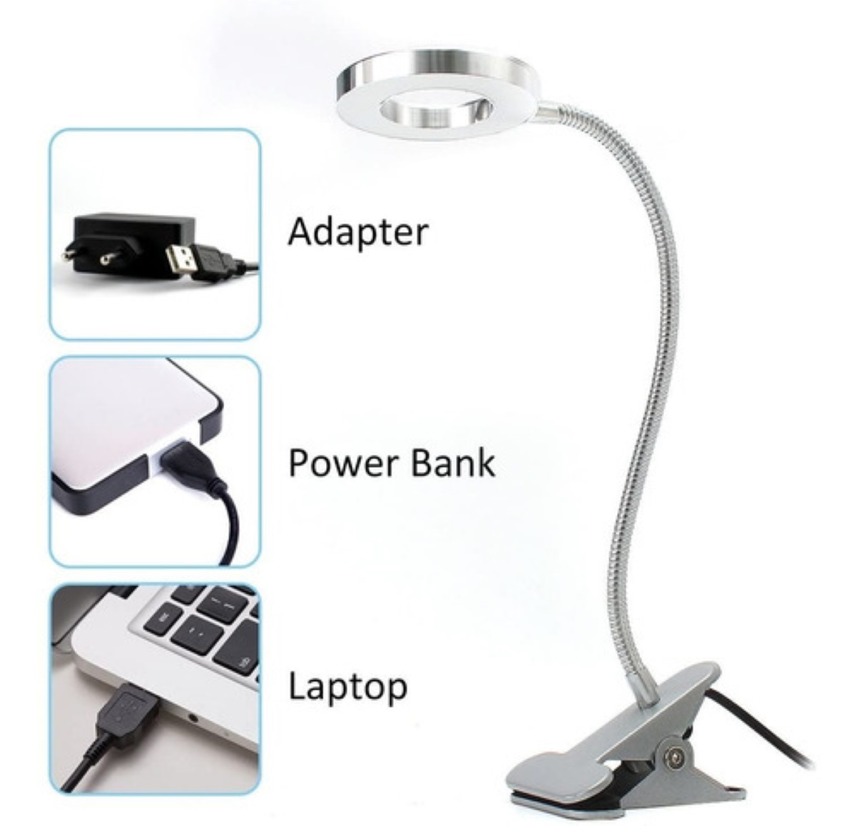 Lámpara De Escritorio Con Luz De Lectura Led Usb Con Clip Plata