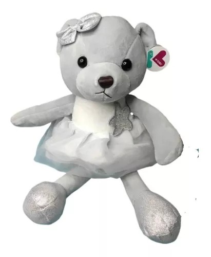 Peluche Suave Osita Bailarina Con Moño Y Estrella Regalo Gris.