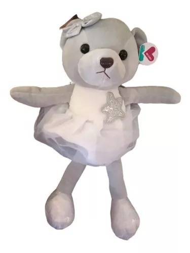 Peluche Suave Osita Bailarina Con Moño Y Estrella Regalo Gris.