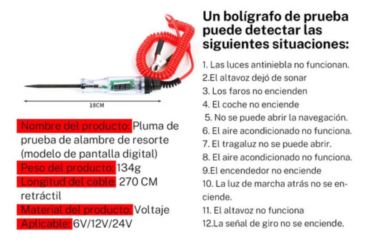 Probador De Corriente Automotriz Bolígrafo 6v-12v-24v Negro con Rojo 