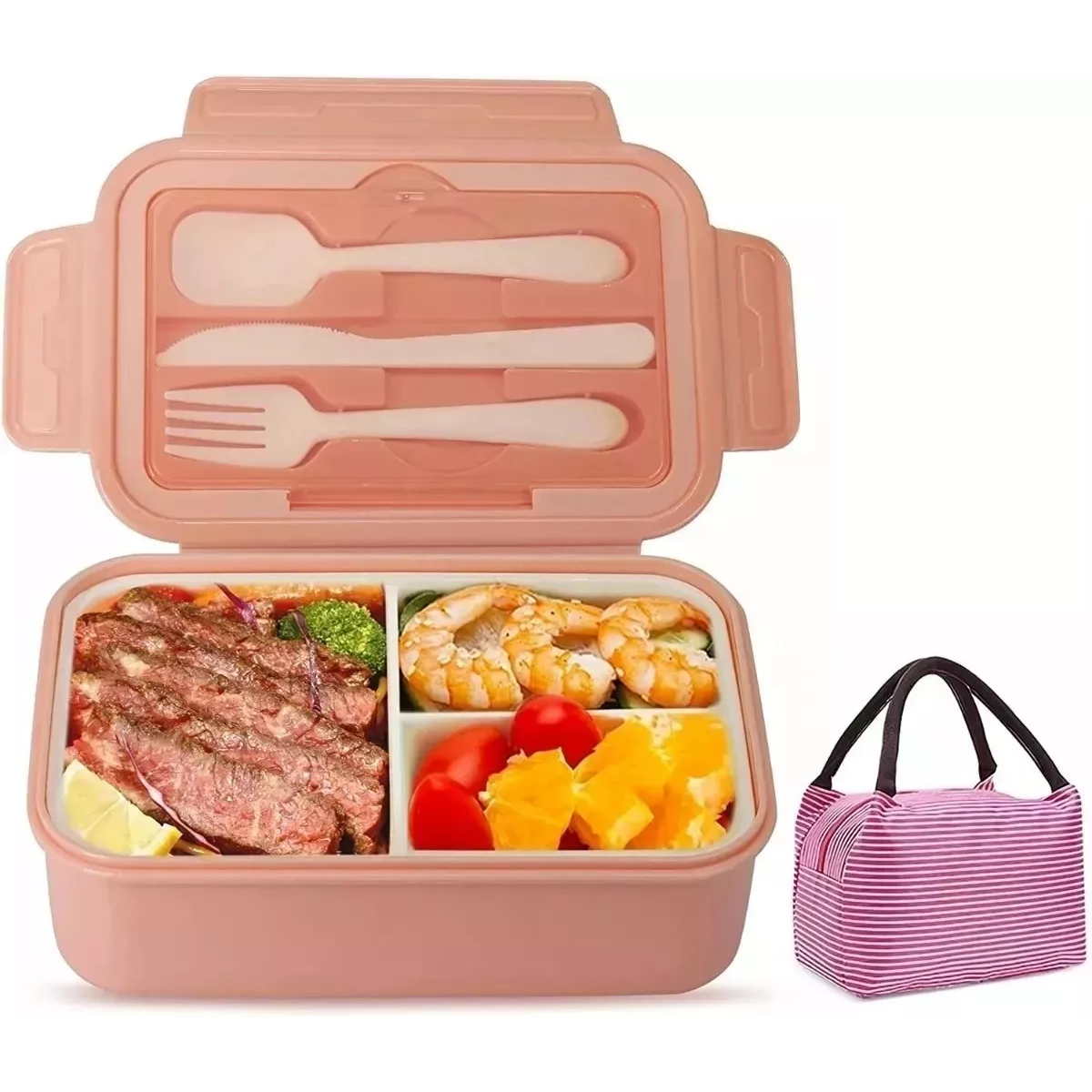 Lonchera Con Topper Y Cubiertos Capacidad 1100 ml Rosa.