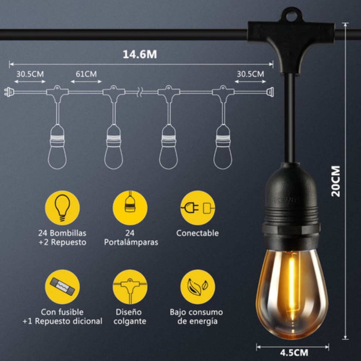 Guirnalda De Luces 24 Focos Exterior Led Impermeable 14.6m negro