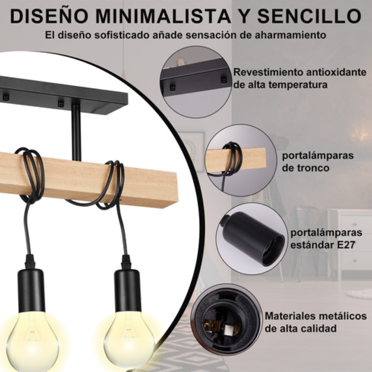 Lámpara Colgante Industrial Vintage De Madera, Blanco