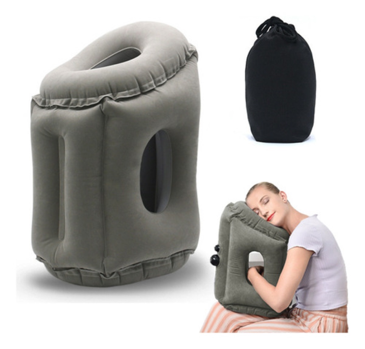 Almohada Inflable De Viaje Para Dormir Cojín Abrazar, Gris.