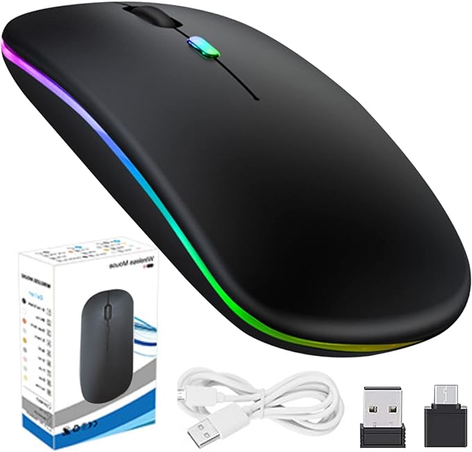 DQST Mouse Inalámbrico, 2.4G Mouse Inalámbrico Recargable, con Receptor USB y Convertidor Type-c, 3 dpi Ajustables, Clic Silencioso, Luz de Respiración de Retroiluminación Colorida. (Negro).