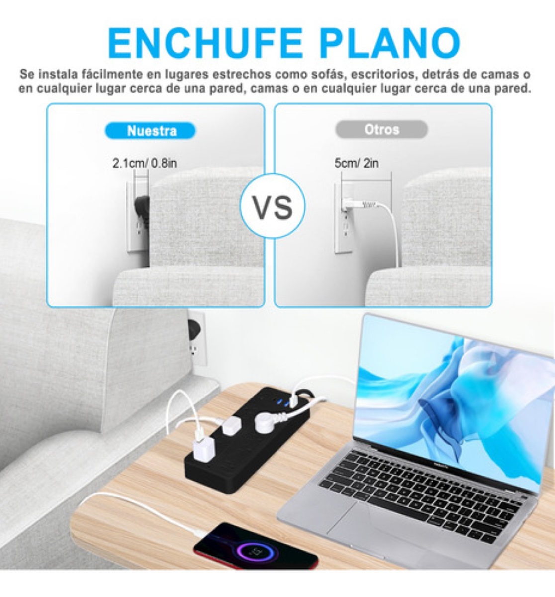 Regulador Multicontactos Con 10 Tomas, 3 Usb Y 1 Tipo C, Negro
