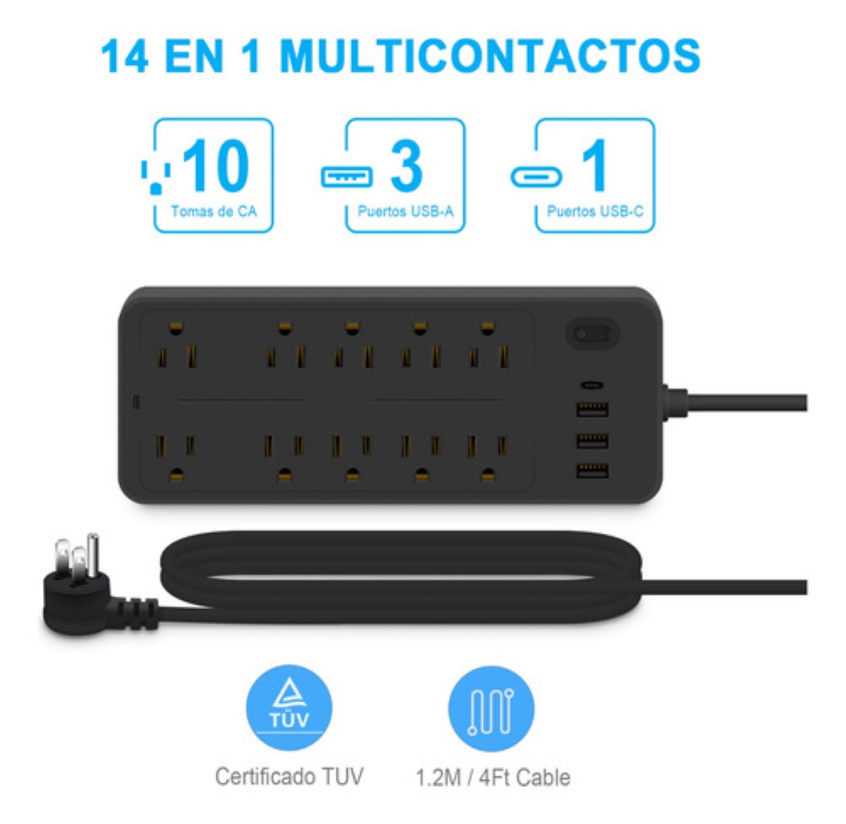 Regulador Multicontactos Con 10 Tomas, 3 Usb Y 1 Tipo C, Negro