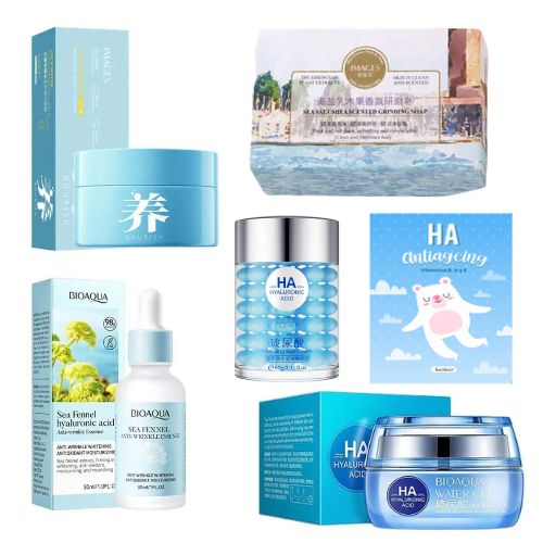 Kit Antiedad Acido Hialuronico crema jabon suero mascarilla exfoliante .