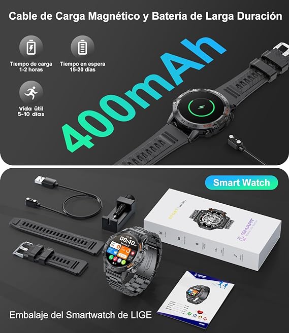 LIGE Reloj Inteligente Hombre,1.39" HD Smartwatch Hombre con Llamadas Bluetooth,Pulsómetro Monitor Sueñode, 100+Modos Deportes,Acero Inoxidable Deportivo Smart Watch para Android iOS Negro.