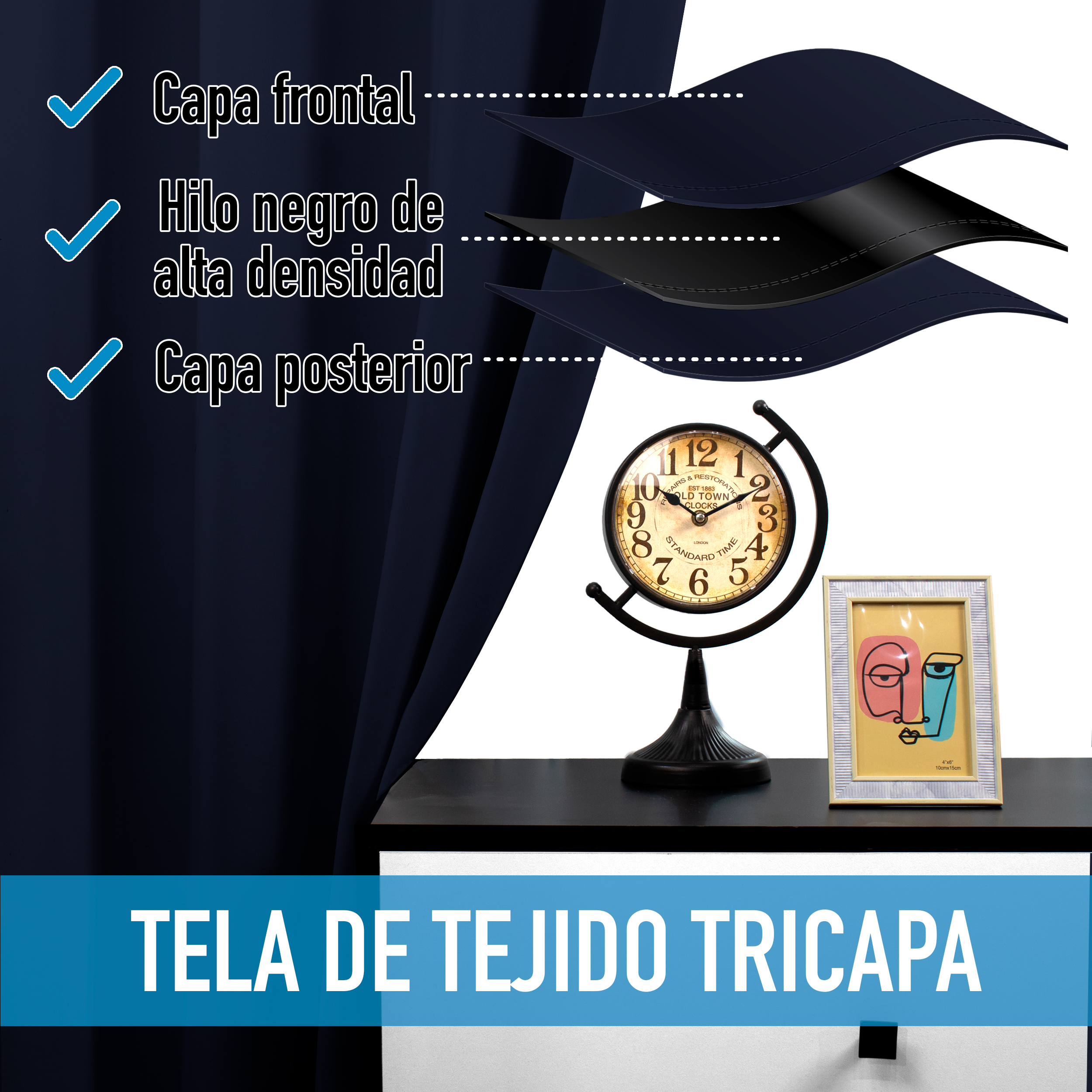 Cortinas Blackout Azul Marino Térmico Largas Lisa Opaca 95% Bloqueo Luz .