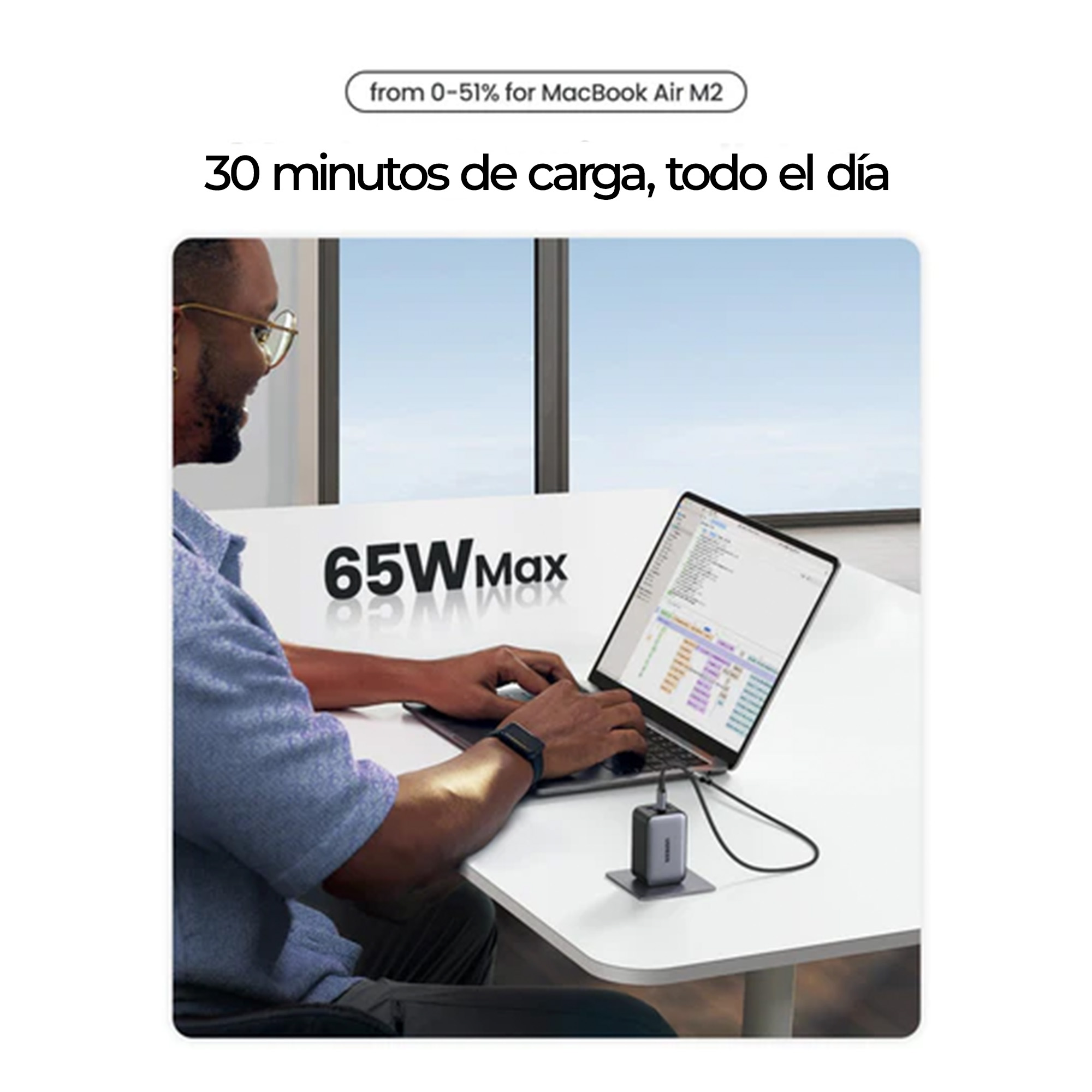 Cargador de pared Ugreen Nexode de 65 W, 2x USB-C, 1x USB-A, Quick Charge 4.0, Negro