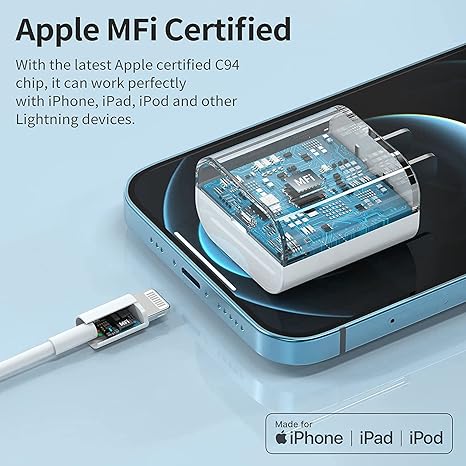 Cargador rápido para iPhone [certificado Apple MFi] Cable tipo C a Lightning de 1m, de 20 W compatible con iPhone 14/13/12//11/X y iPad.