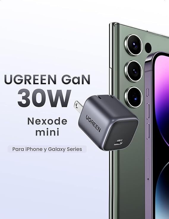 UGREEN Nexode 30W Mini Cargador USB C GAN, Cargador Tipo C Carga Rápida para Galaxy S24/S23/S22, Cargador iPhone Portatil Compatible con iPhone 15 14 13 Pro MAX, Macbook Air, iPad Pro, Google Pixel 7.