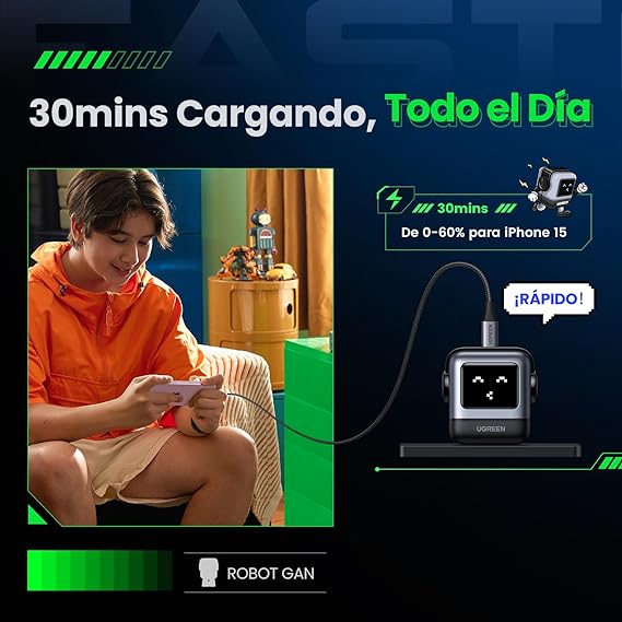 UGREEN Nexode 30W Cargador Tipo C Carga Rápida, GaNRobot Cargador USB C Pantalla de Carga Inteligente para iPhone 15/14 Pro, Cargador iPhone Carga Rápida Compatible con Galaxy S24/S23, iPad Pro, Negro.