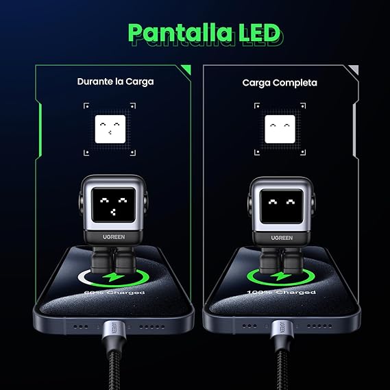 UGREEN Nexode 30W Cargador Tipo C Carga Rápida, GaNRobot Cargador USB C Pantalla de Carga Inteligente para iPhone 15/14 Pro, Cargador iPhone Carga Rápida Compatible con Galaxy S24/S23, iPad Pro, Negro.