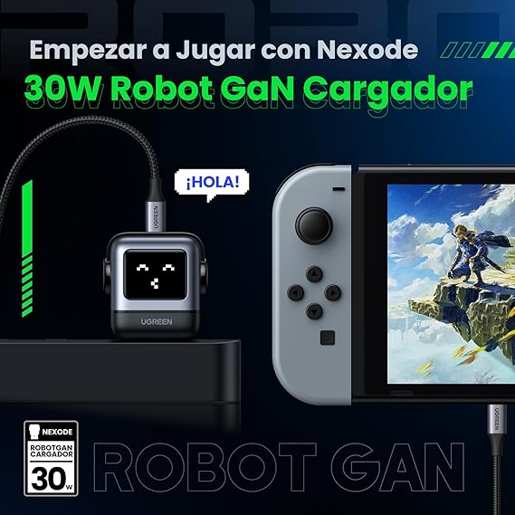 UGREEN Nexode 30W Cargador Tipo C Carga Rápida, GaNRobot Cargador USB C Pantalla de Carga Inteligente para iPhone 15/14 Pro, Cargador iPhone Carga Rápida Compatible con Galaxy S24/S23, iPad Pro, Negro.
