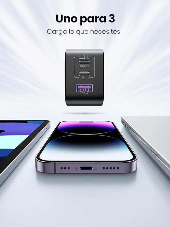 UGREEN Nexode 65W Cargador USB C GAN con 3 Puertos, Cargador Tipo C Plegable y Portátil para Viajar Compatible con MacBook Pro/Air, DELL XPS, iPhone 15 14 Pro, iPad Pro, Galaxy S24, Pixel 7.