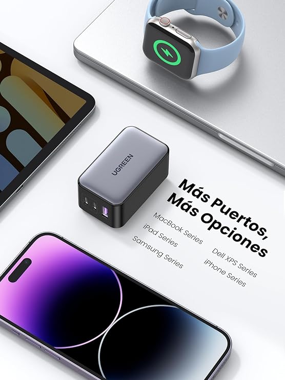 UGREEN Nexode 65W Cargador USB C GAN con 3 Puertos, Cargador Tipo C Plegable y Portátil para Viajar Compatible con MacBook Pro/Air, DELL XPS, iPhone 15 14 Pro, iPad Pro, Galaxy S24, Pixel 7.