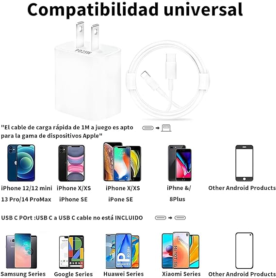 RENDIN 25W Cargador Carga Rápida para iPhone - Cargador Tipo C con 1.5M Cable Compatible con iPhone 14/13/12/11/X/iPad.