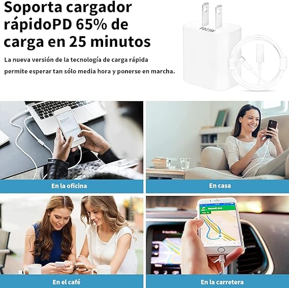 RENDIN 25W Cargador Carga Rápida para iPhone - Cargador Tipo C con 1.5M Cable Compatible con iPhone 14/13/12/11/X/iPad.