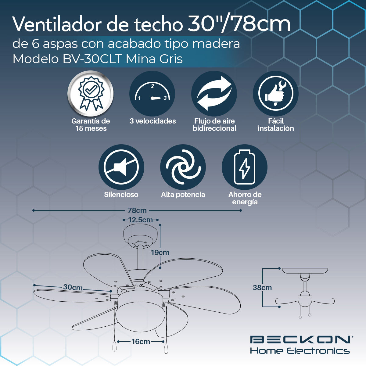 Ventilador de techo moderno de 30 pulgadas 78cm 6 aspas acabado tipo madera Mina gris Beckon.