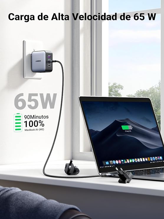 UGREEN Nexode Cargador USB C 65W, Adaptador para Viaje 3 Puertos 2 USB C y 1 USB A, Adaptador de Enchufe Universal UK/USA/EU para Phone, Celulares, Tabletas y Más.