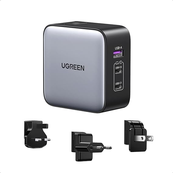 UGREEN Nexode Cargador USB C 65W, Adaptador para Viaje 3 Puertos 2 USB C y 1 USB A, Adaptador de Enchufe Universal UK/USA/EU para Phone, Celulares, Tabletas y Más.