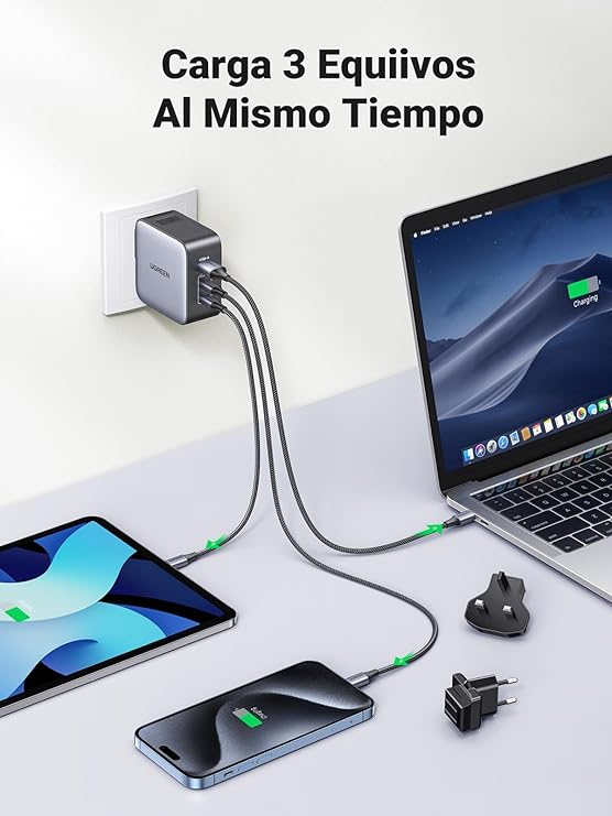 UGREEN Nexode Cargador USB C 65W, Adaptador para Viaje 3 Puertos 2 USB C y 1 USB A, Adaptador de Enchufe Universal UK/USA/EU para Phone, Celulares, Tabletas y Más.