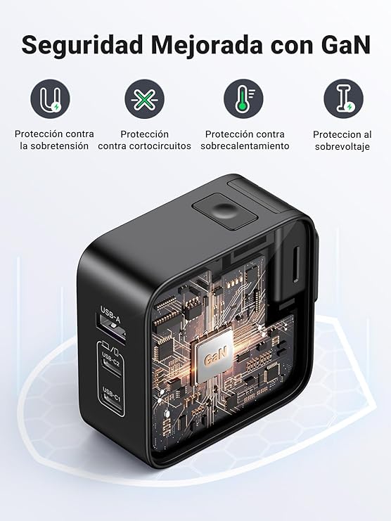 UGREEN Nexode Cargador USB C 65W, Adaptador para Viaje 3 Puertos 2 USB C y 1 USB A, Adaptador de Enchufe Universal UK/USA/EU para Phone, Celulares, Tabletas y Más.