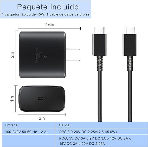 Cargador rápido USB C de 45 W para cargador Samsung tipo C, USB C Cargador de teléfono Android con 1.8M Cable Carga Rápida, para Galaxy S23 Ultra/S23/S23+/S22/S22 Ultra/S22+/Note10/Note 20/S20/S21/S10.