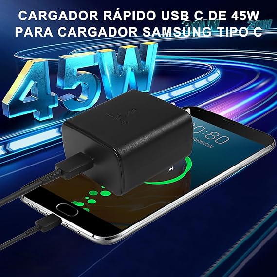 Cargador rápido USB C de 45 W para cargador Samsung tipo C, USB C Cargador de teléfono Android con 1.8M Cable Carga Rápida, para Galaxy S23 Ultra/S23/S23+/S22/S22 Ultra/S22+/Note10/Note 20/S20/S21/S10.