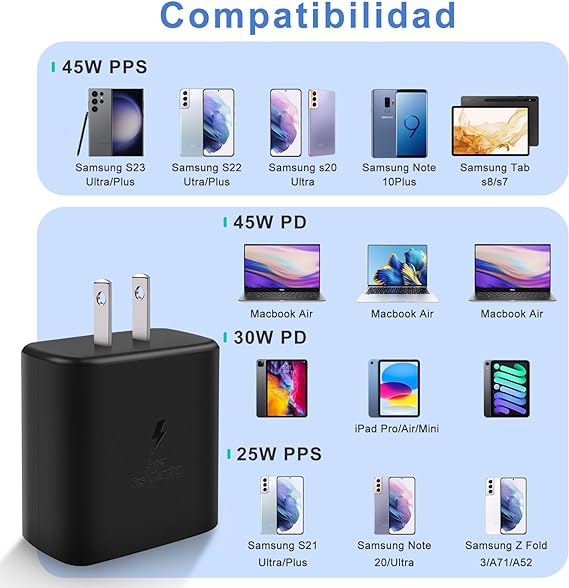 Cargador rápido USB C de 45 W para cargador Samsung tipo C, USB C Cargador de teléfono Android con 1.8M Cable Carga Rápida, para Galaxy S23 Ultra/S23/S23+/S22/S22 Ultra/S22+/Note10/Note 20/S20/S21/S10.