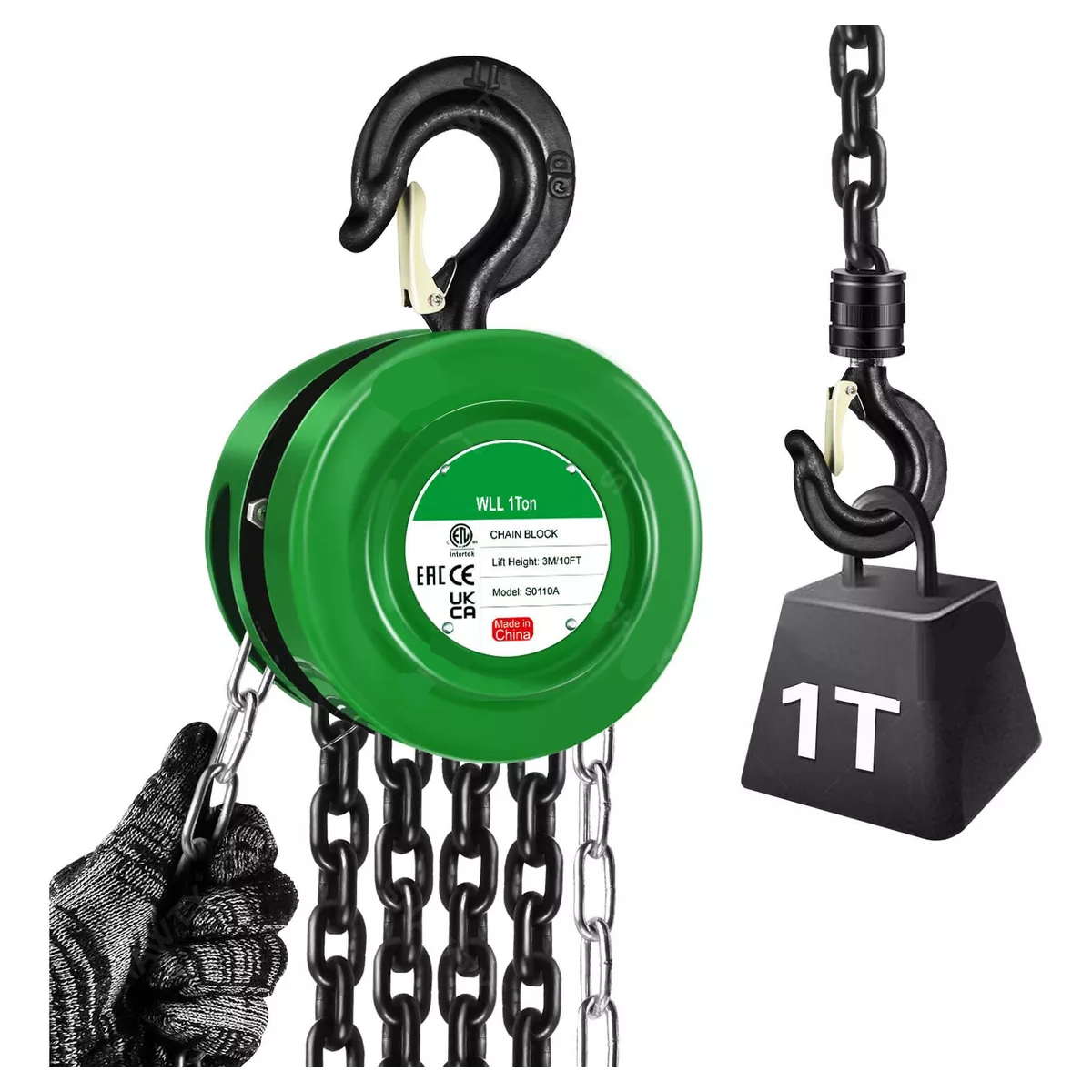 Polipastos Manuales Con Cadena 3m Capacidad De 1 Ton Verde.