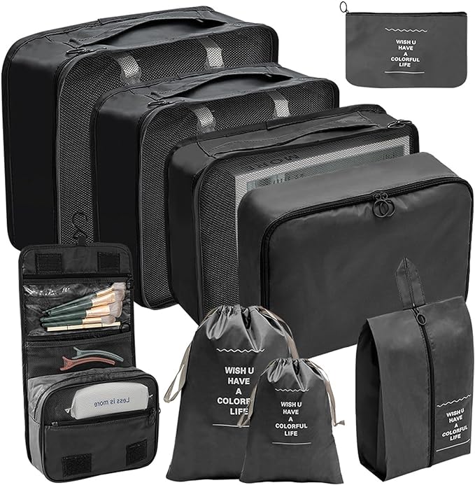 A Cooseon 9pcs Organizadores Viaje Maleta Bolsa Almacenamiento Maleta Packing Cubes Compression Bolsitas Guardar Ropa Maletas Viaje para Ropa Zapatos Lentes Joyeria Brasier Cosméticos Accesorios, Negro.