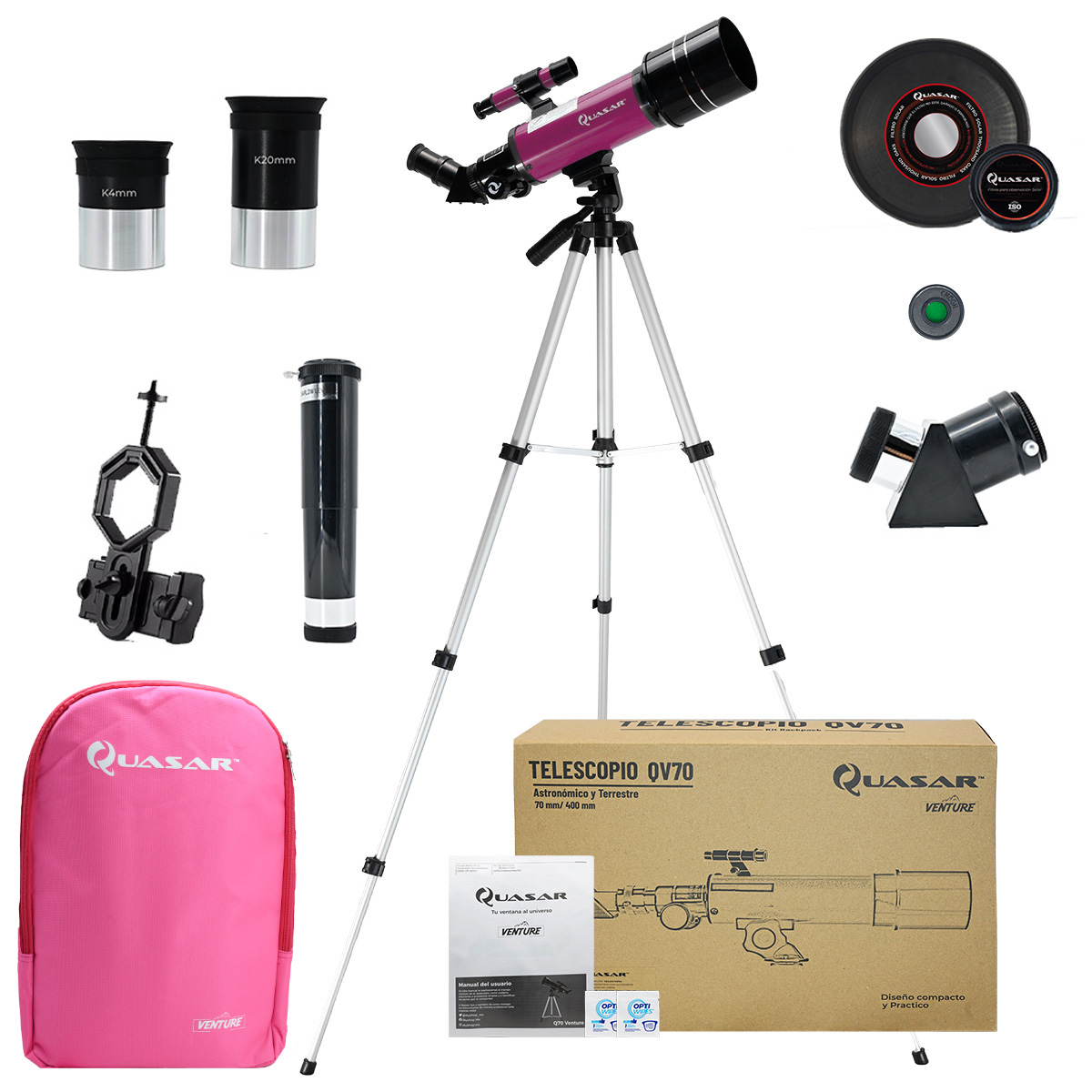 Telescopio Quasar Venture QV70 120x Con Adaptador Smartphone Pink