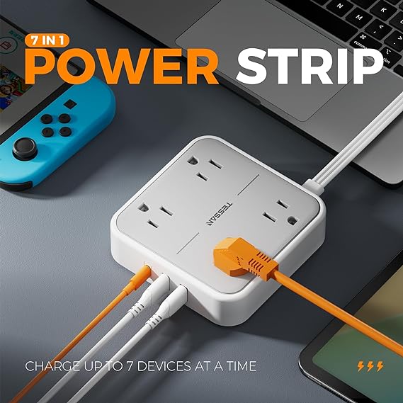 TESSAN Extension Electrica Enchufe Plano con Protector de sobretensión, Regleta Multicontacto Conector con 4 Salidas CA y 3 USB(1 USB C), Extensión Plana 1.5M para Hogar Oficina Dorm Travel Essentials.